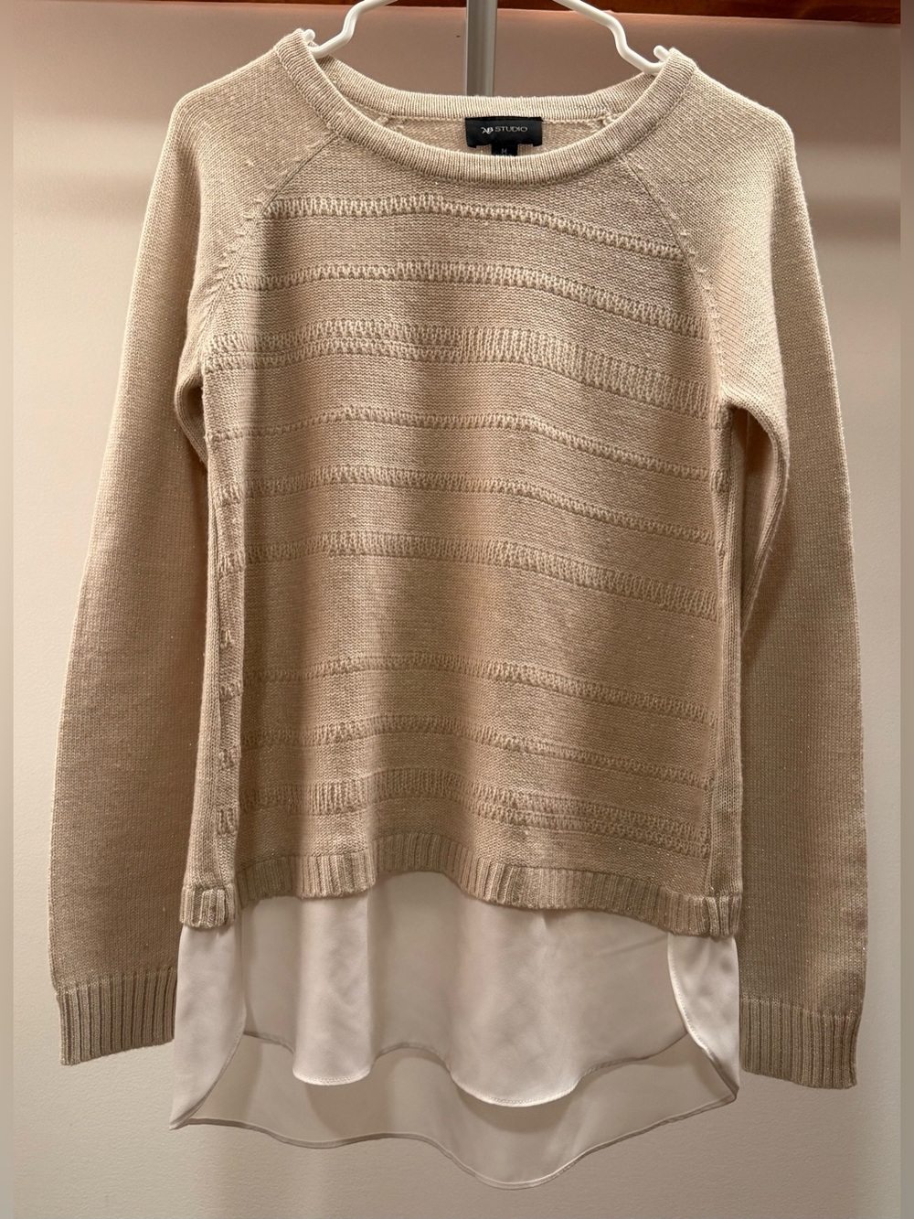 AB Studio Cream Layered-Knit Crewneck Sweater with Chiffon Hem